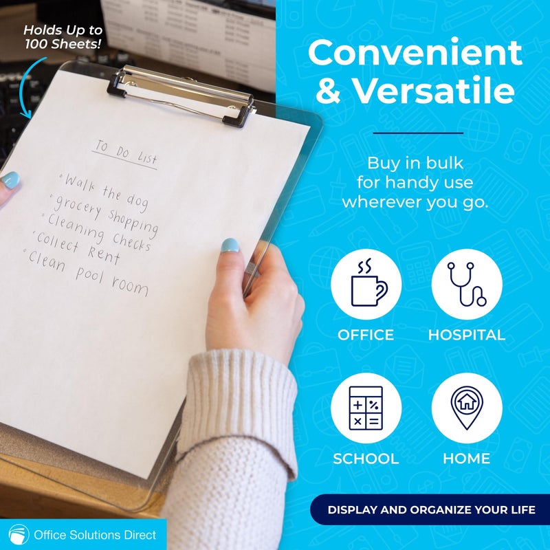 Office Solutions Direct Plastic Clipboards (Set of 12) Transparent Clipboard (Clear) Strong 12.5 x 9 Inch | Holds 100 Sheets! Acrylic Clipboards with Low Profile Clip | Bulk Back to School Supplies for Teachers - Image 5